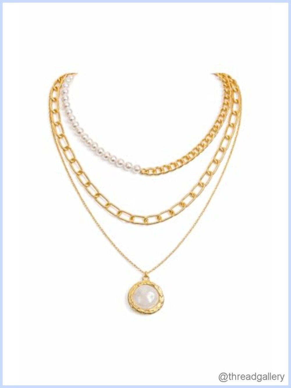 Gold Plated 3 Layer Layered Necklace Pearl Pendant Cuban Link Adjustable